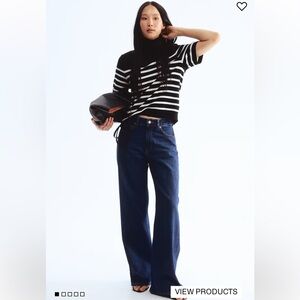 H&M fine-knit short-sleeve polo-neck top in a black and white striped pattern